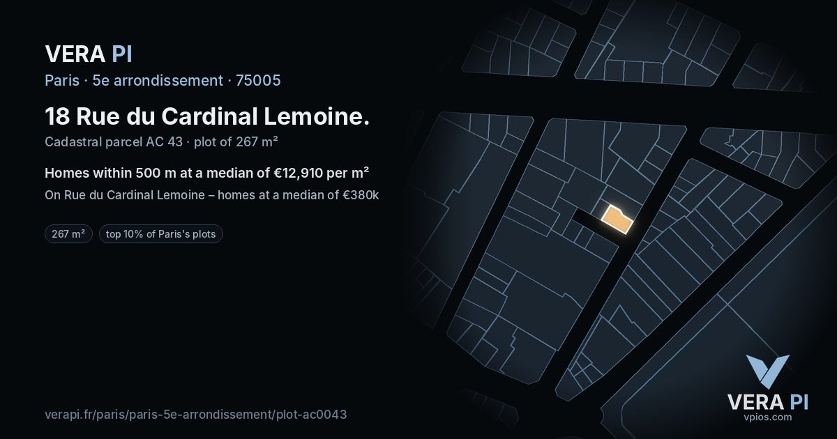 18 Rue du Cardinal Lemoine, 5e arrondissement at night – the plot lit, the parcels around coloured by the prices near them