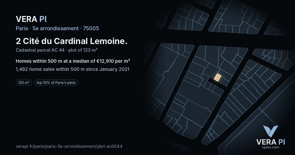 2 Cité du Cardinal Lemoine, 5e arrondissement at night – the plot lit, the parcels around coloured by the prices near them