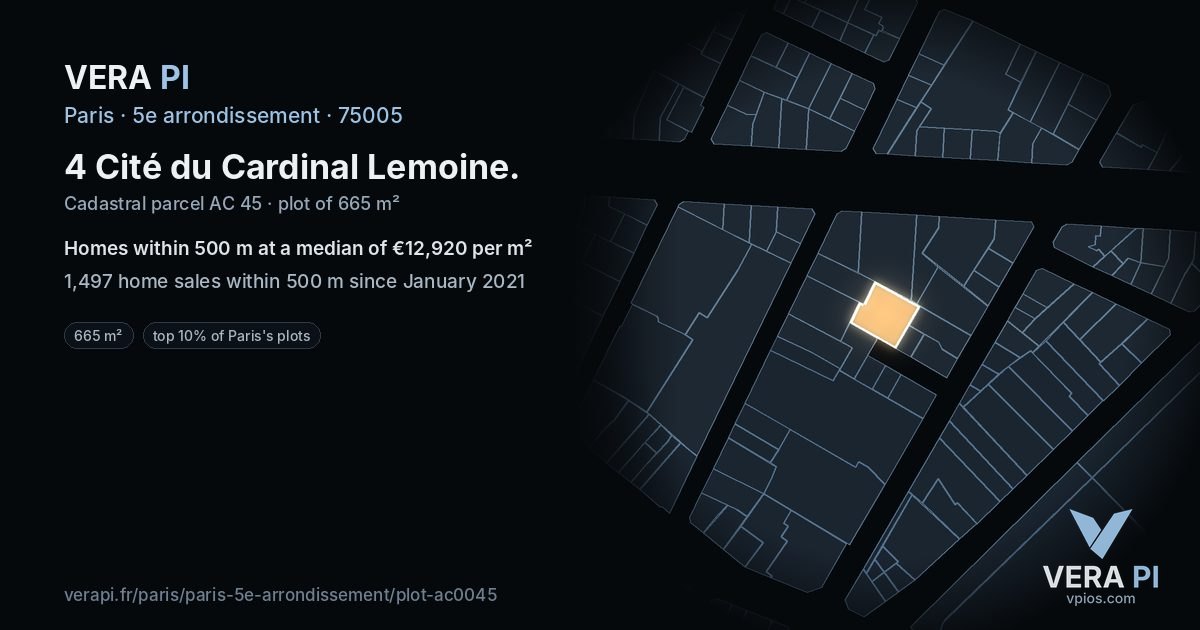 4 Cité du Cardinal Lemoine, 5e arrondissement at night – the plot lit, the parcels around coloured by the prices near them