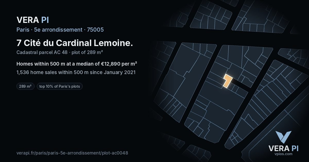 7 Cité du Cardinal Lemoine, 5e arrondissement at night – the plot lit, the parcels around coloured by the prices near them