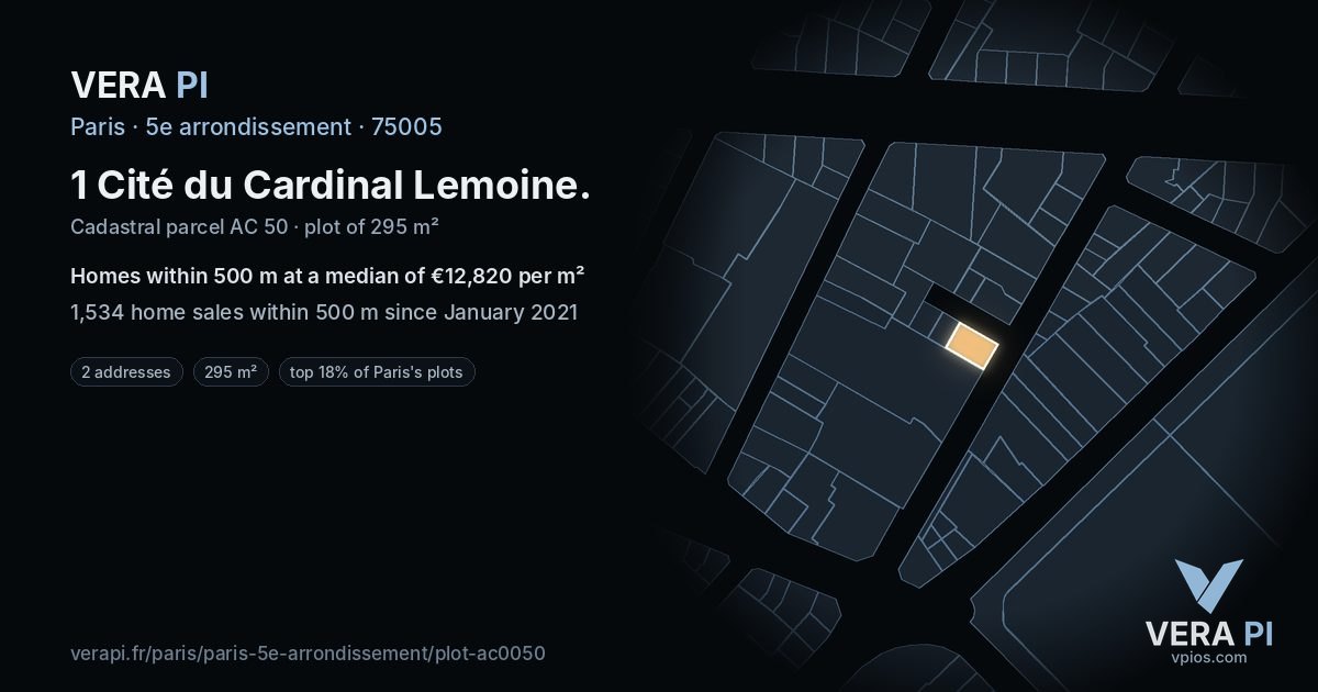 1 Cité du Cardinal Lemoine, 5e arrondissement at night – the plot lit, the parcels around coloured by the prices near them