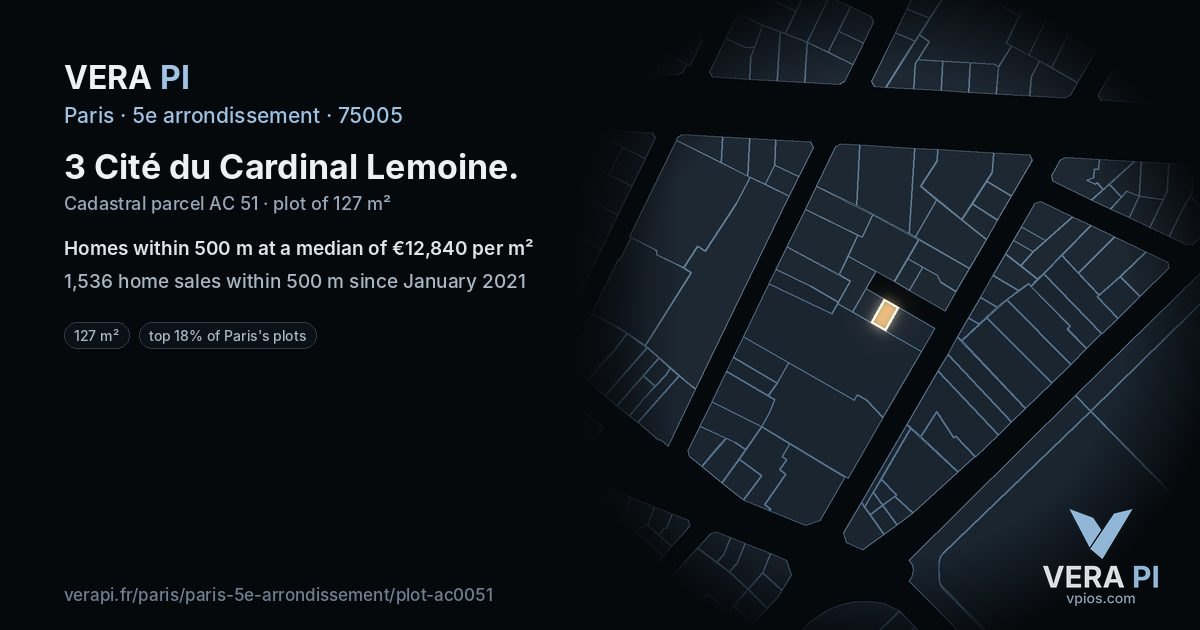 3 Cité du Cardinal Lemoine, 5e arrondissement at night – the plot lit, the parcels around coloured by the prices near them