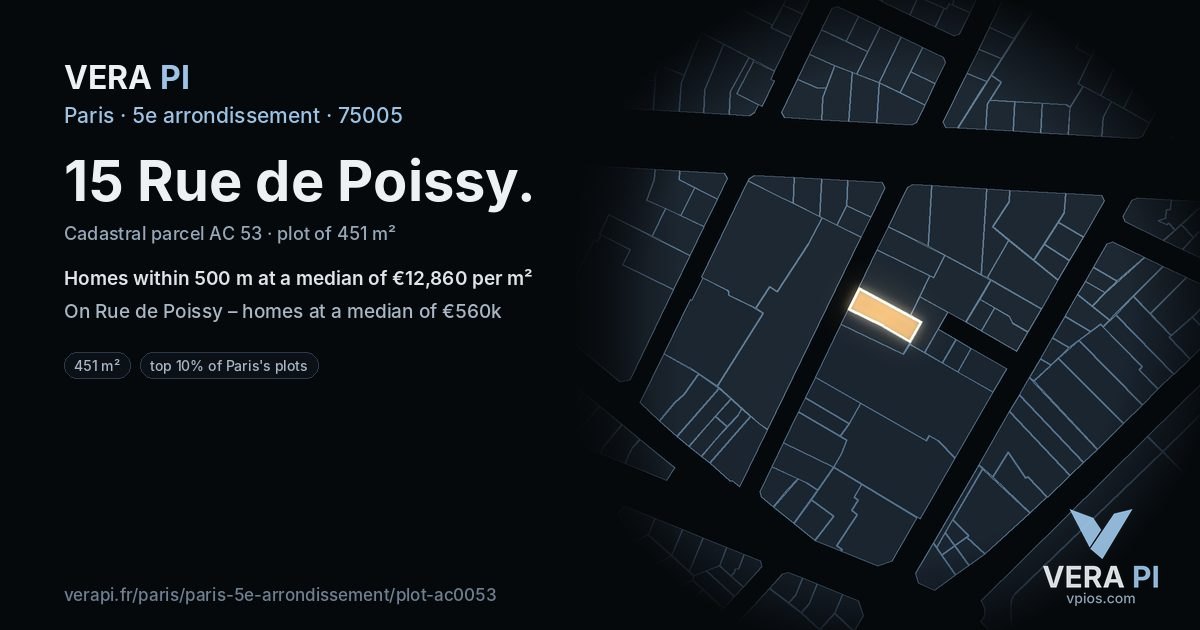 15 Rue de Poissy, 5e arrondissement at night – the plot lit, the parcels around coloured by the prices near them