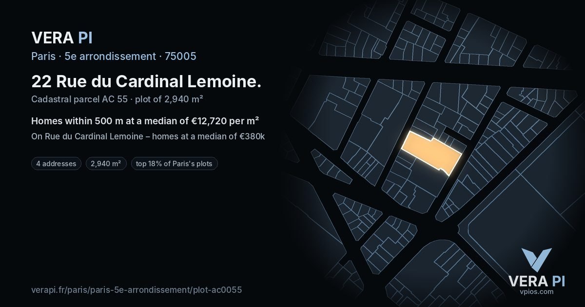 22 Rue du Cardinal Lemoine, 5e arrondissement at night – the plot lit, the parcels around coloured by the prices near them