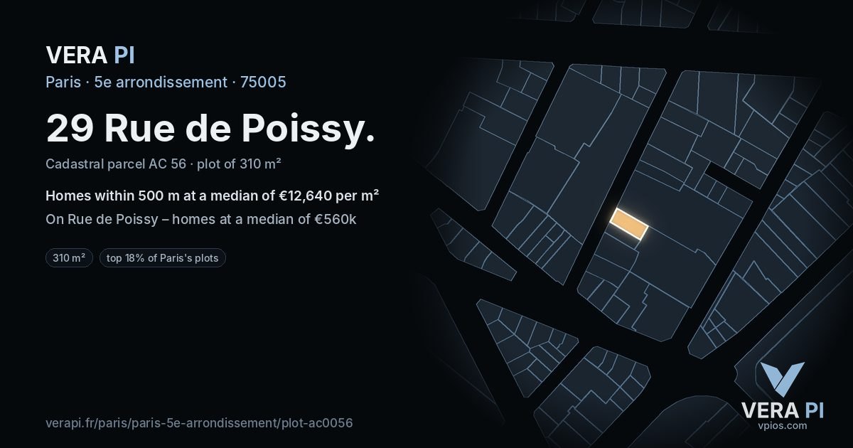 29 Rue de Poissy, 5e arrondissement at night – the plot lit, the parcels around coloured by the prices near them