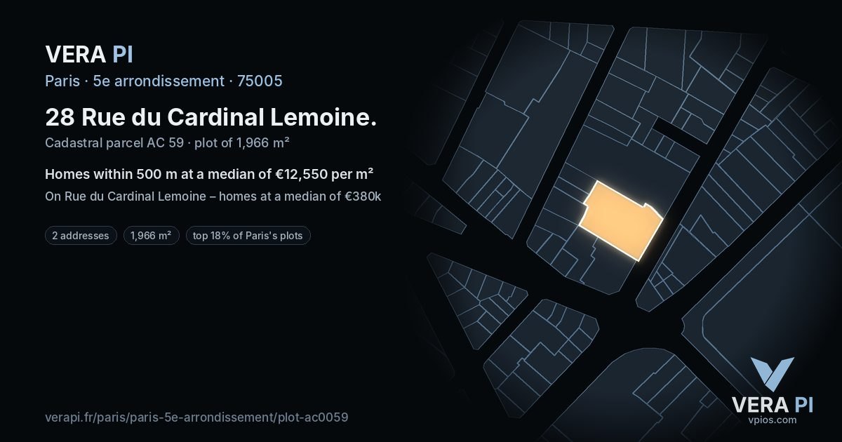 28 Rue du Cardinal Lemoine, 5e arrondissement at night – the plot lit, the parcels around coloured by the prices near them