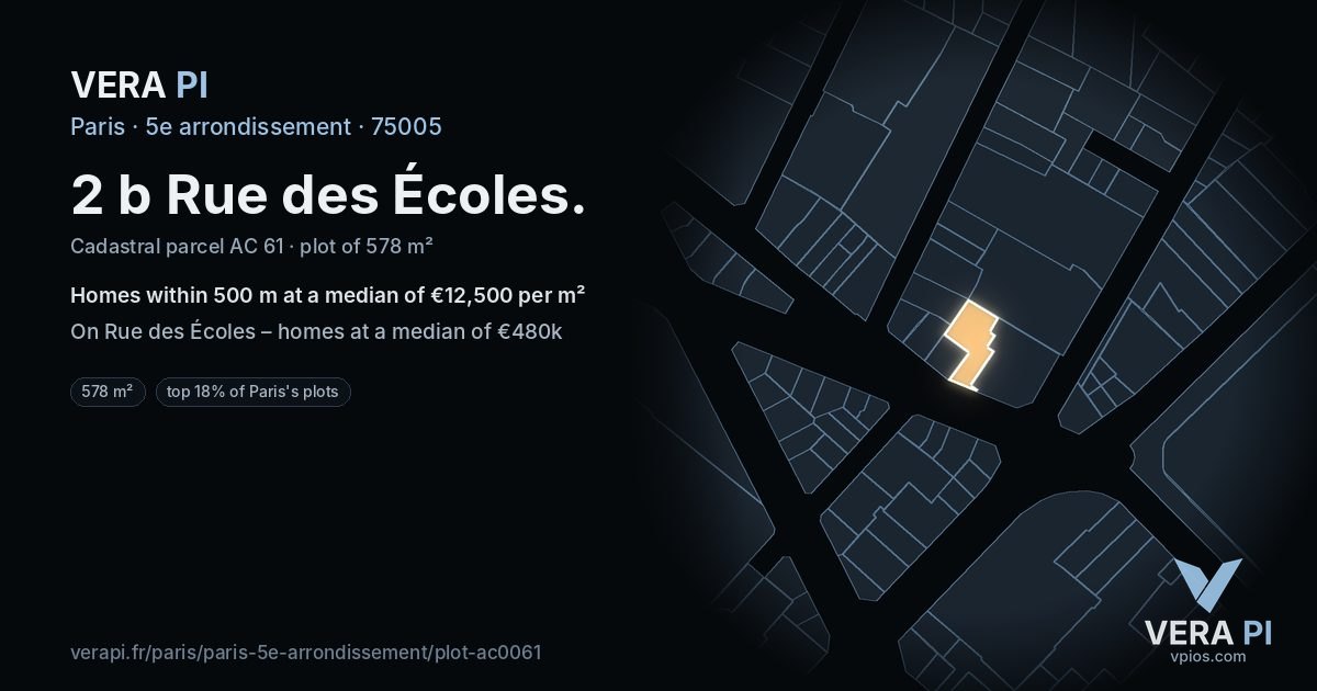 2 b Rue des Écoles, 5e arrondissement at night – the plot lit, the parcels around coloured by the prices near them
