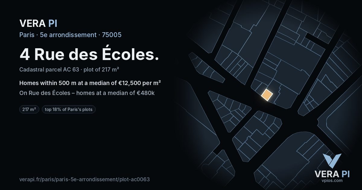 4 Rue des Écoles, 5e arrondissement at night – the plot lit, the parcels around coloured by the prices near them