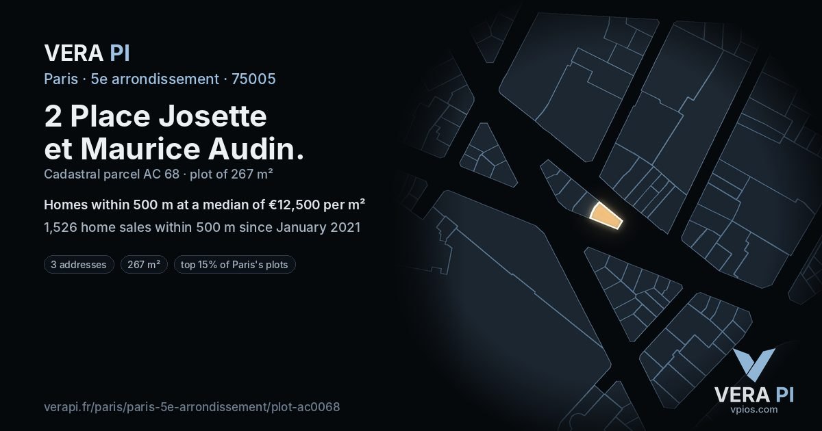 2 Place Josette et Maurice Audin, 5e arrondissement at night – the plot lit, the parcels around coloured by the prices near them
