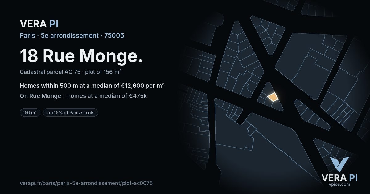 18 Rue Monge, 5e arrondissement at night – the plot lit, the parcels around coloured by the prices near them