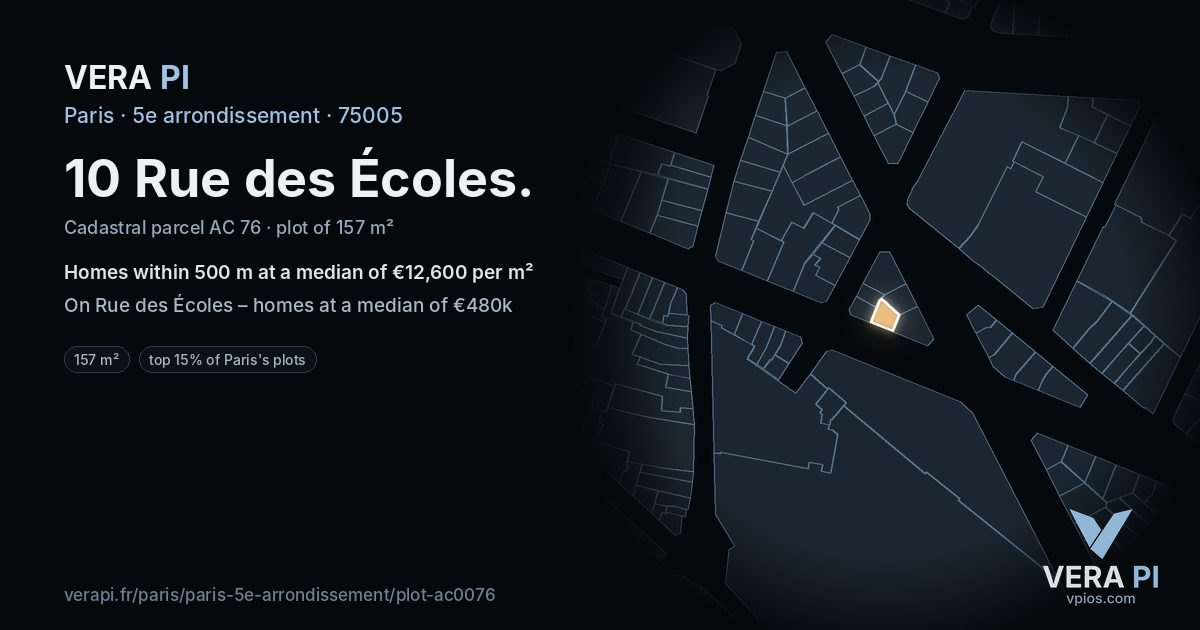 10 Rue des Écoles, 5e arrondissement at night – the plot lit, the parcels around coloured by the prices near them