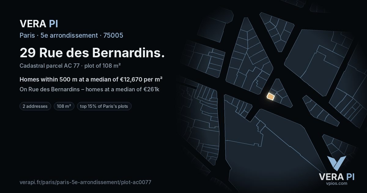 29 Rue des Bernardins, 5e arrondissement at night – the plot lit, the parcels around coloured by the prices near them
