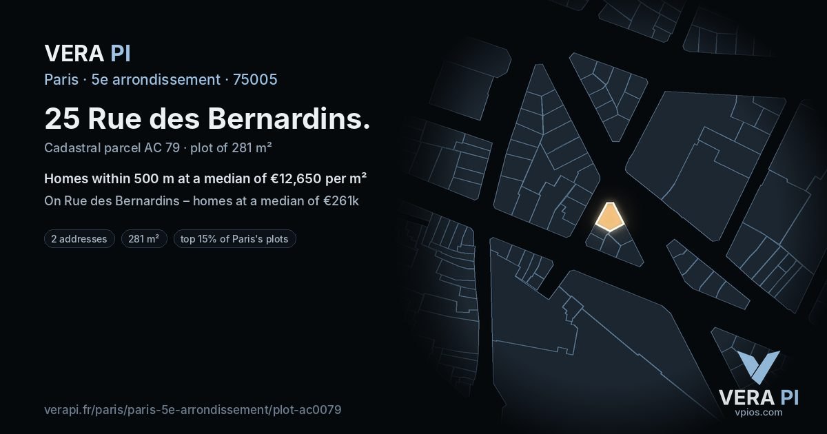 25 Rue des Bernardins, 5e arrondissement at night – the plot lit, the parcels around coloured by the prices near them