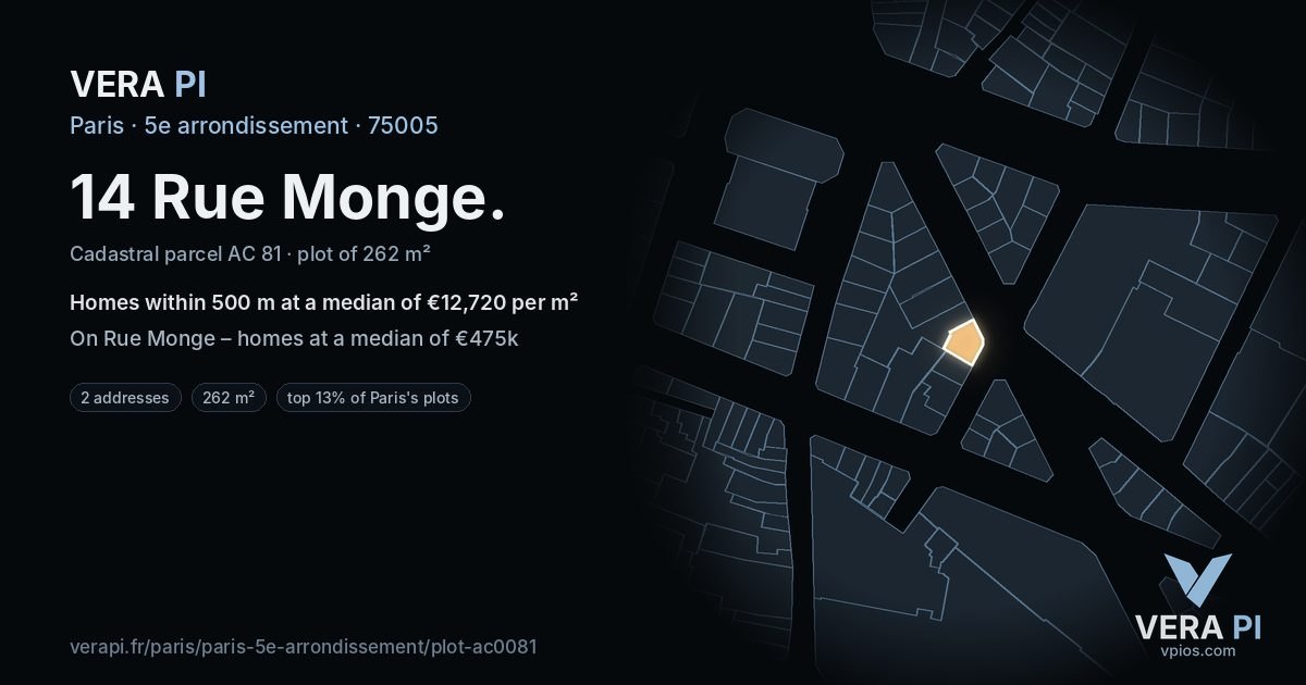14 Rue Monge, 5e arrondissement at night – the plot lit, the parcels around coloured by the prices near them