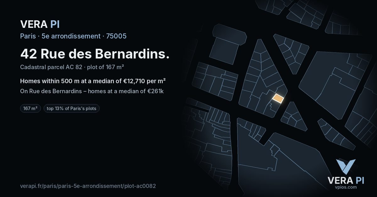 42 Rue des Bernardins, 5e arrondissement at night – the plot lit, the parcels around coloured by the prices near them