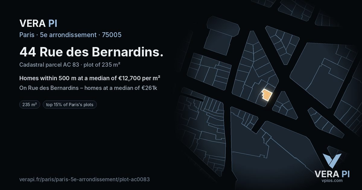 44 Rue des Bernardins, 5e arrondissement at night – the plot lit, the parcels around coloured by the prices near them