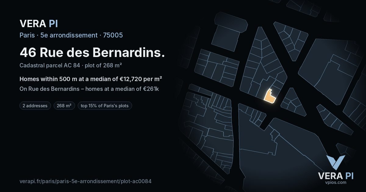 46 Rue des Bernardins, 5e arrondissement at night – the plot lit, the parcels around coloured by the prices near them