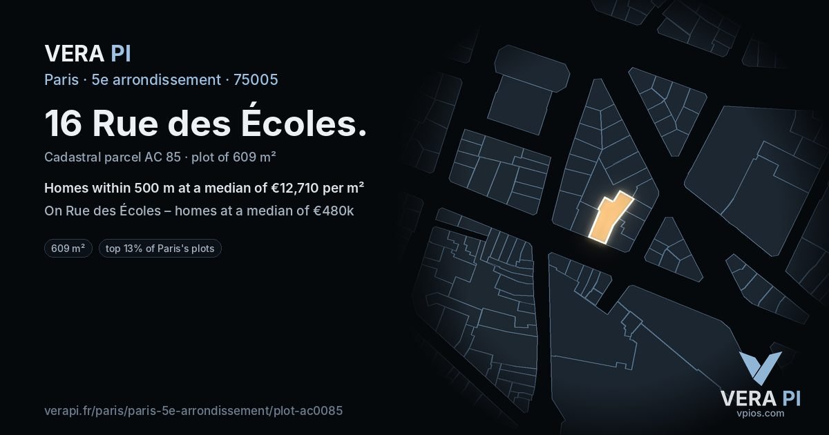 16 Rue des Écoles, 5e arrondissement at night – the plot lit, the parcels around coloured by the prices near them