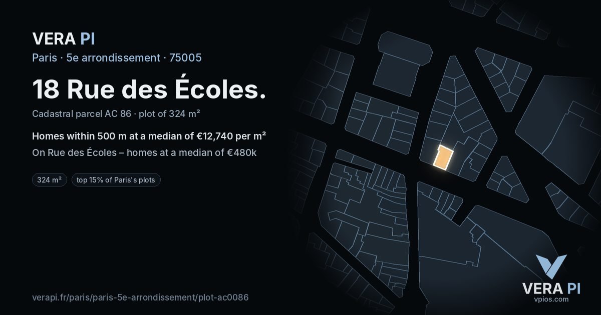 18 Rue des Écoles, 5e arrondissement at night – the plot lit, the parcels around coloured by the prices near them