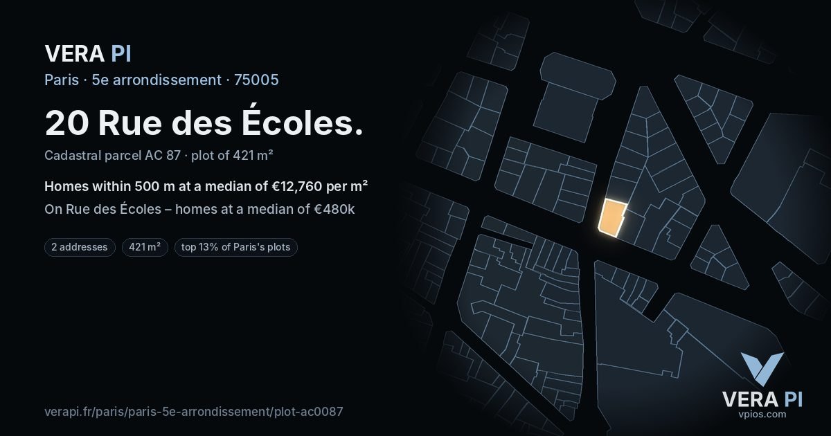 20 Rue des Écoles, 5e arrondissement at night – the plot lit, the parcels around coloured by the prices near them