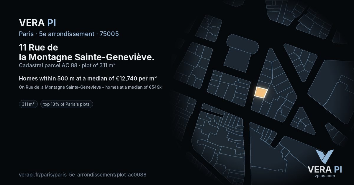 11 Rue de la Montagne Sainte-Geneviève, 5e arrondissement at night – the plot lit, the parcels around coloured by the prices near them