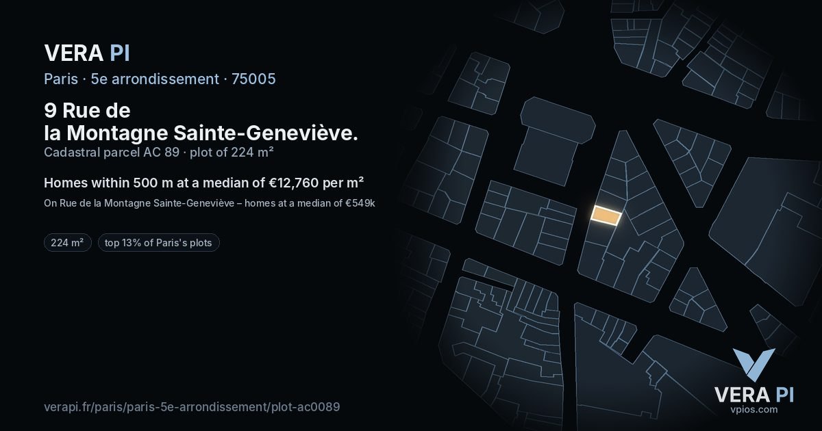 9 Rue de la Montagne Sainte-Geneviève, 5e arrondissement at night – the plot lit, the parcels around coloured by the prices near them