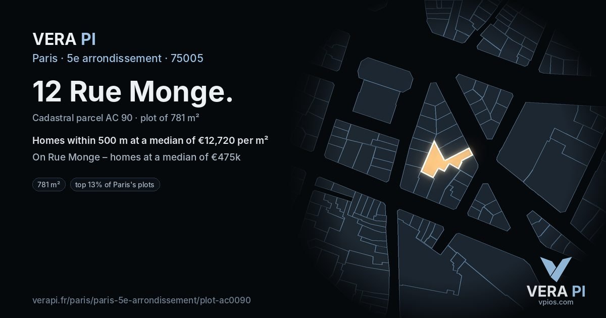 12 Rue Monge, 5e arrondissement at night – the plot lit, the parcels around coloured by the prices near them