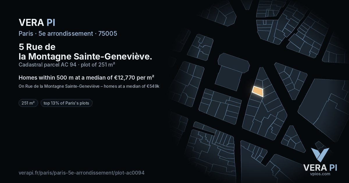 5 Rue de la Montagne Sainte-Geneviève, 5e arrondissement at night – the plot lit, the parcels around coloured by the prices near them