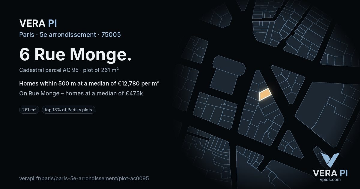 6 Rue Monge, 5e arrondissement at night – the plot lit, the parcels around coloured by the prices near them