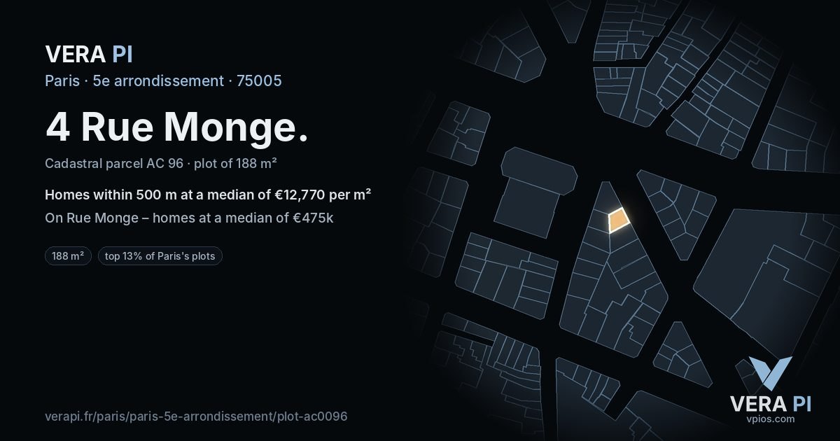 4 Rue Monge, 5e arrondissement at night – the plot lit, the parcels around coloured by the prices near them