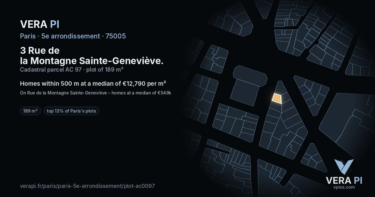 3 Rue de la Montagne Sainte-Geneviève, 5e arrondissement at night – the plot lit, the parcels around coloured by the prices near them