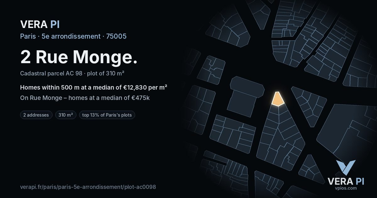 2 Rue Monge, 5e arrondissement at night – the plot lit, the parcels around coloured by the prices near them