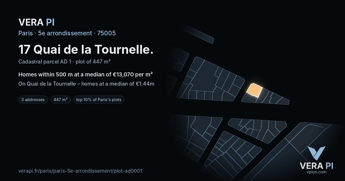 17 Quai de la Tournelle, 5e arrondissement at night – the plot lit, the parcels around coloured by the prices near them