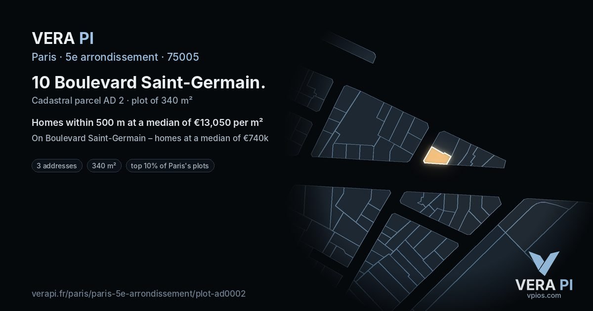 10 Boulevard Saint-Germain, 5e arrondissement at night – the plot lit, the parcels around coloured by the prices near them