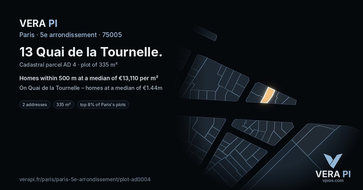 13 Quai de la Tournelle, 5e arrondissement at night – the plot lit, the parcels around coloured by the prices near them