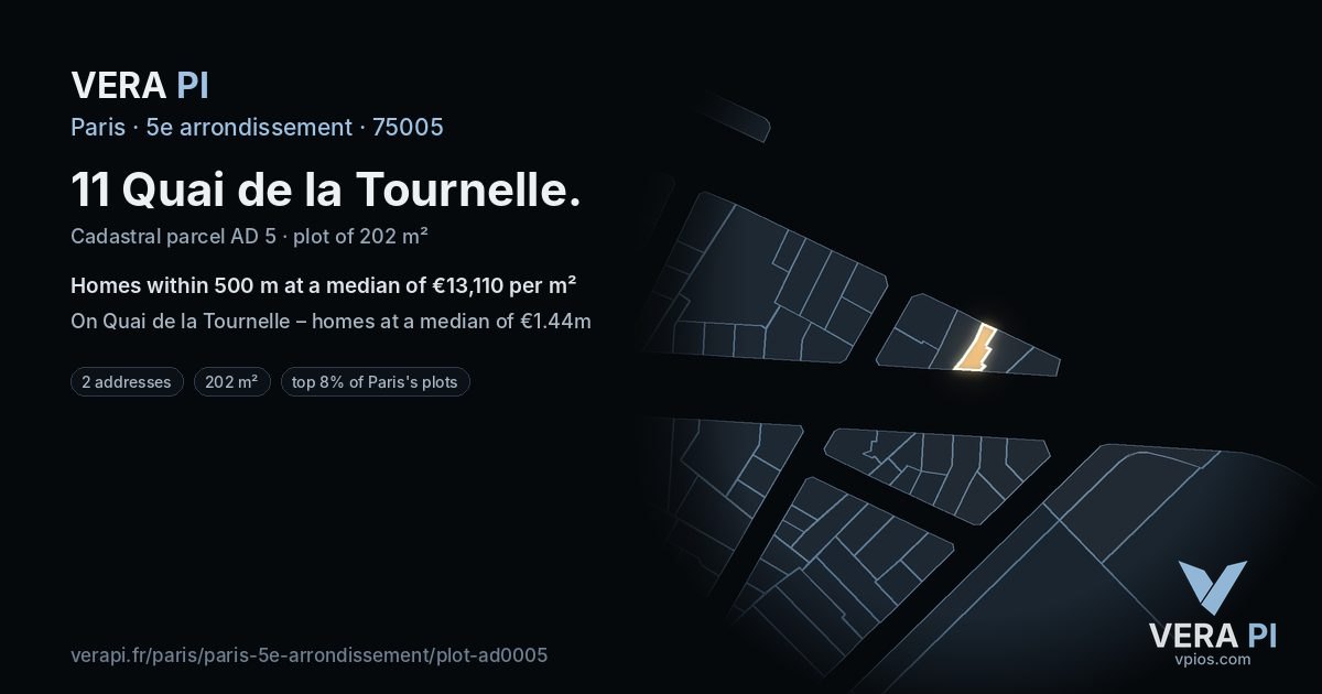 11 Quai de la Tournelle, 5e arrondissement at night – the plot lit, the parcels around coloured by the prices near them