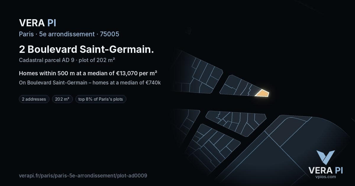 2 Boulevard Saint-Germain, 5e arrondissement at night – the plot lit, the parcels around coloured by the prices near them