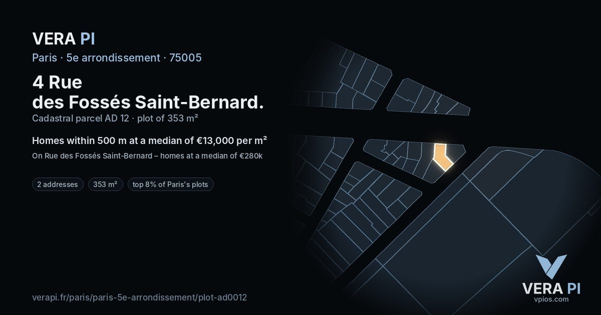 4 Rue des Fossés Saint-Bernard, 5e arrondissement at night – the plot lit, the parcels around coloured by the prices near them