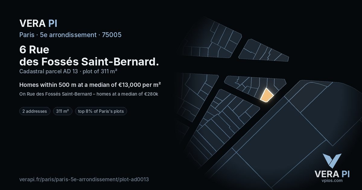 6 Rue des Fossés Saint-Bernard, 5e arrondissement at night – the plot lit, the parcels around coloured by the prices near them