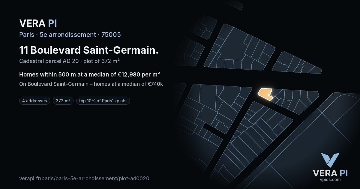 11 Boulevard Saint-Germain, 5e arrondissement at night – the plot lit, the parcels around coloured by the prices near them