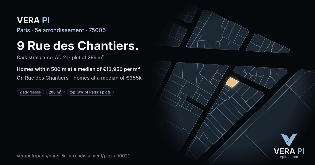 9 Rue des Chantiers, 5e arrondissement at night – the plot lit, the parcels around coloured by the prices near them