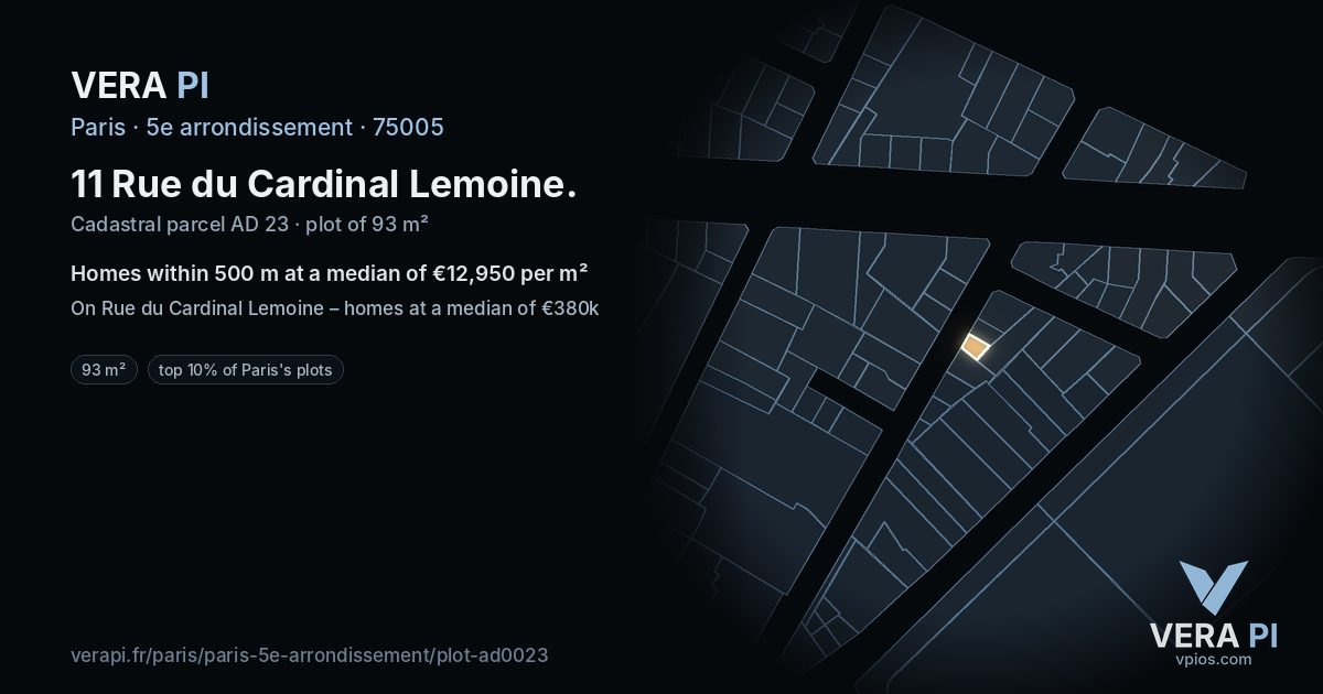 11 Rue du Cardinal Lemoine, 5e arrondissement at night – the plot lit, the parcels around coloured by the prices near them