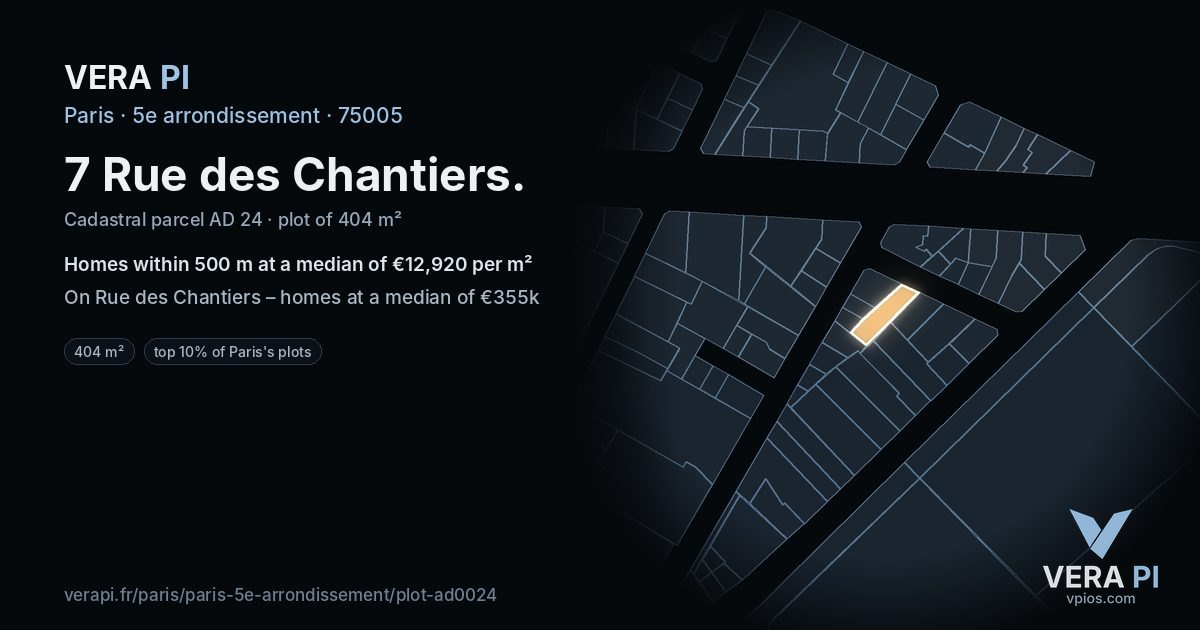 7 Rue des Chantiers, 5e arrondissement at night – the plot lit, the parcels around coloured by the prices near them