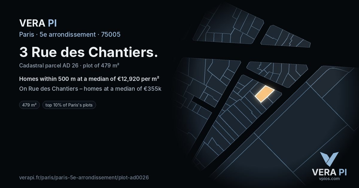 3 Rue des Chantiers, 5e arrondissement at night – the plot lit, the parcels around coloured by the prices near them