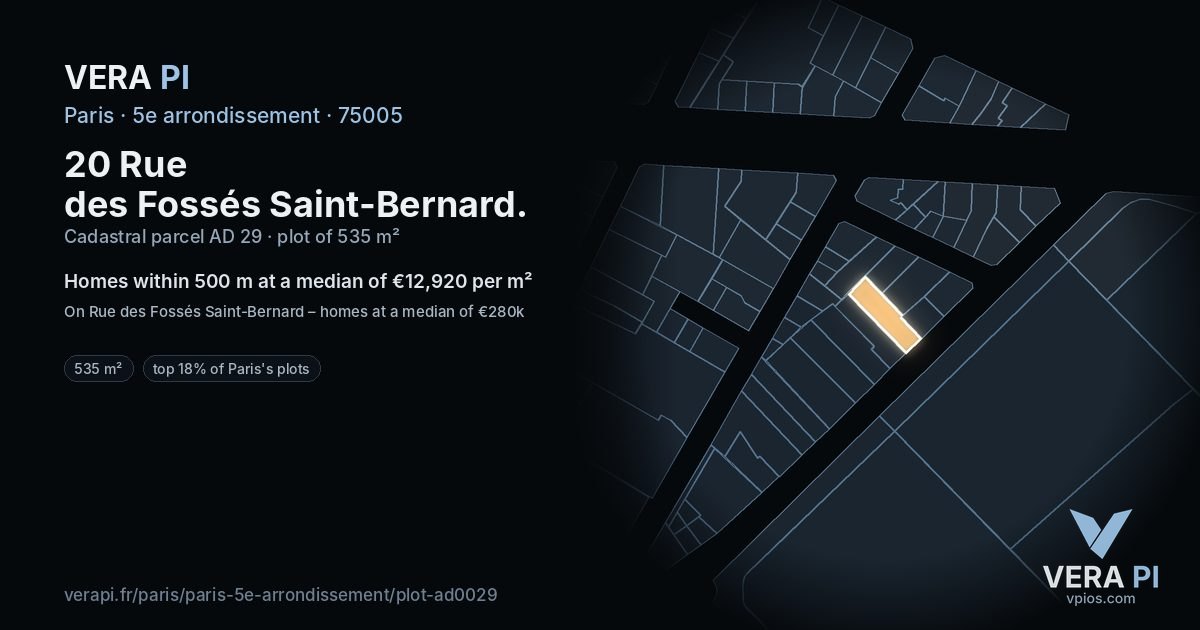 20 Rue des Fossés Saint-Bernard, 5e arrondissement at night – the plot lit, the parcels around coloured by the prices near them