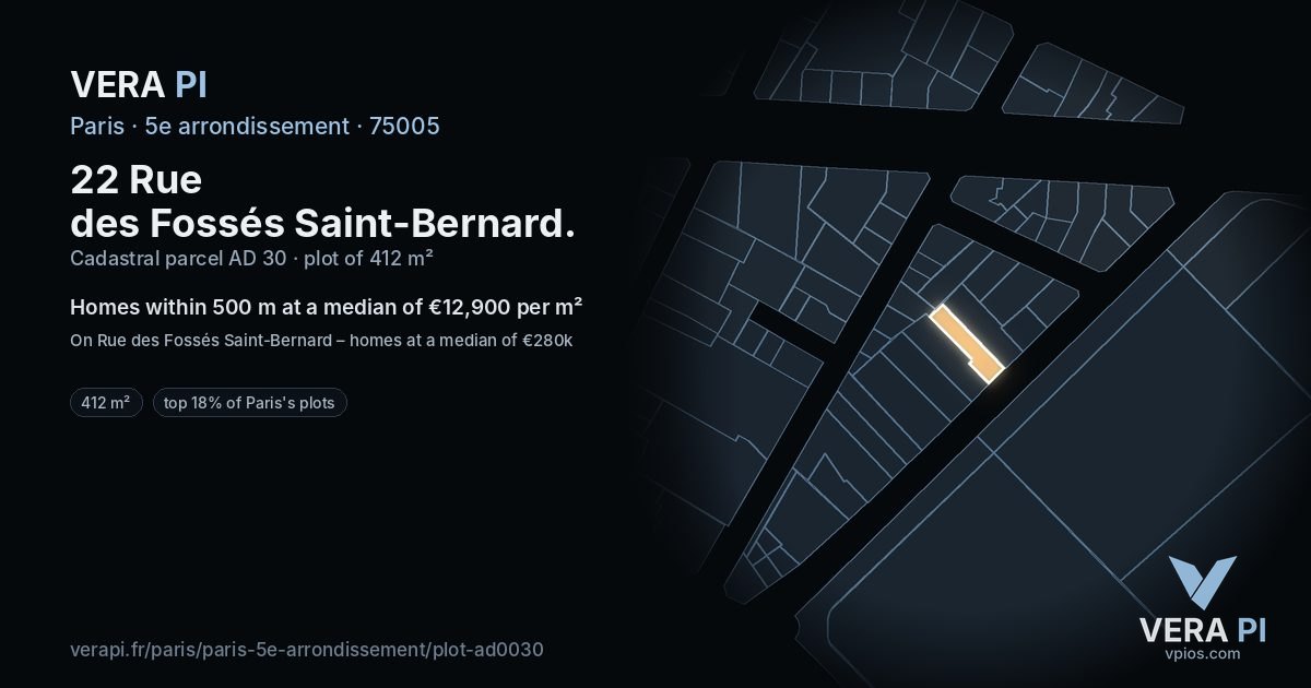 22 Rue des Fossés Saint-Bernard, 5e arrondissement at night – the plot lit, the parcels around coloured by the prices near them