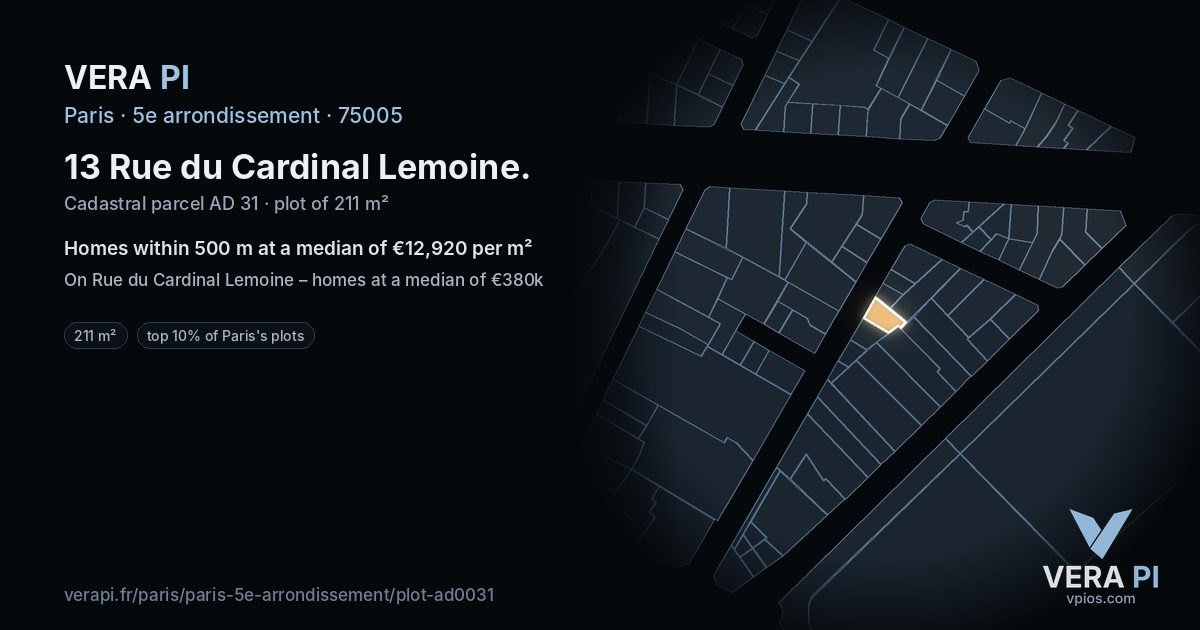 13 Rue du Cardinal Lemoine, 5e arrondissement at night – the plot lit, the parcels around coloured by the prices near them