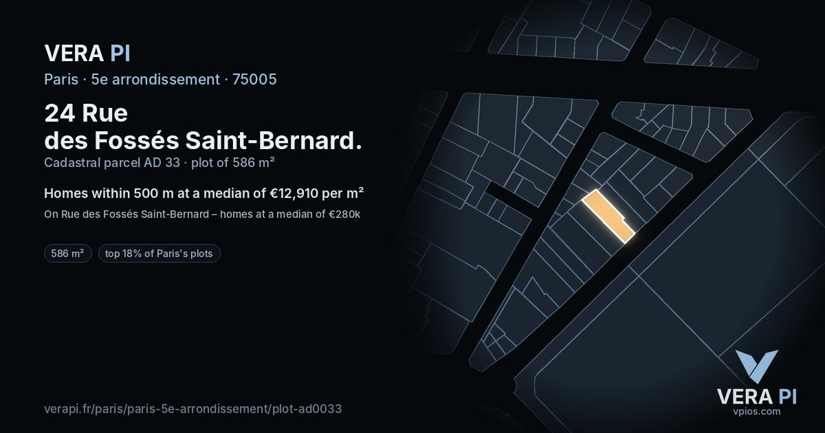 24 Rue des Fossés Saint-Bernard, 5e arrondissement at night – the plot lit, the parcels around coloured by the prices near them