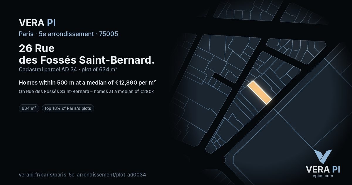 26 Rue des Fossés Saint-Bernard, 5e arrondissement at night – the plot lit, the parcels around coloured by the prices near them