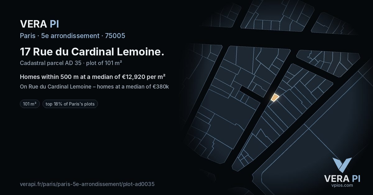 17 Rue du Cardinal Lemoine, 5e arrondissement at night – the plot lit, the parcels around coloured by the prices near them